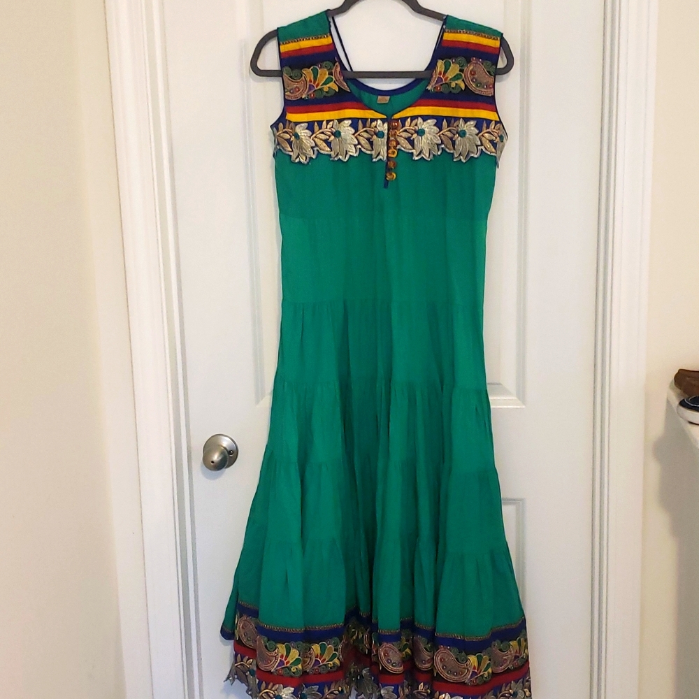 Authentic Indian Hand made Green Dress w/ colorful embriodery